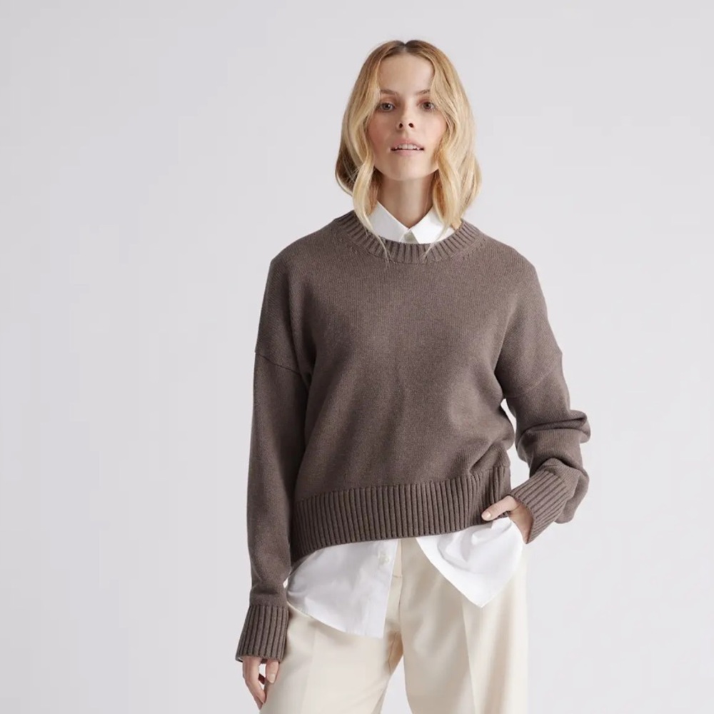 NWT Quince 100% Organic Cotton Boyfriend Crew Sweater - Small - Heather Brown - Picture 2 of 8